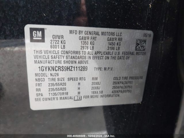 1GYKNCRS9HZ111289 Cadillac Xt5 Premium Luxury