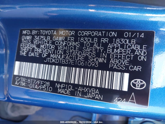 Toyota Prius C Two 2014 JTDKDTB37E1061093 Image 9