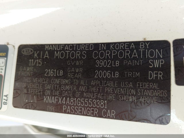 2016 Kia Forte Ex მანქანა იყიდება აუქციონზე, vin: KNAFX4A81G5553381, აუქციონის ნომერი: 40508668