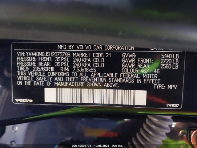 YV440MDJ5H2075799 Volvo Xc60 T5