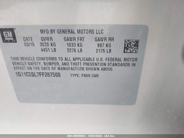 Chevrolet MALIBU 1LT 2015 1G11C5SL7FF287500 Image 9