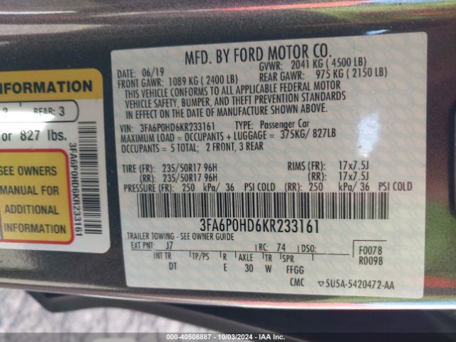 3FA6P0HD6KR233161 Ford FUSION SE