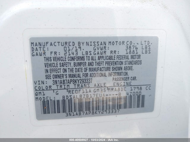 Nissan SENTRA S 2019 3N1AB7AP8KY293337 Image 9
