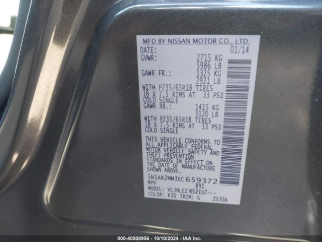 5N1AR2MM3EC659372 Nissan Pathfinder Platinum/s/sl/sv