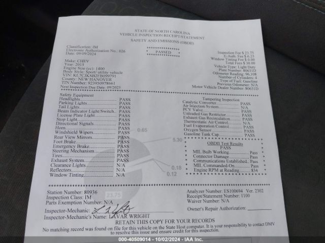 KL7CJKSB2FB099791 Chevrolet Trax 1ls
