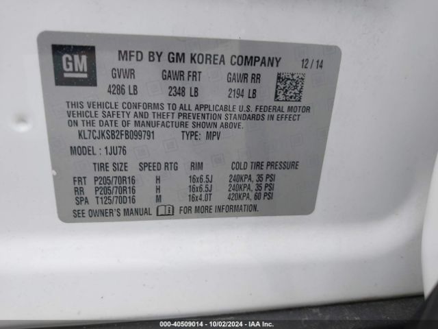KL7CJKSB2FB099791 Chevrolet Trax 1ls
