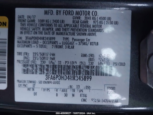 Ford FUSION SE 2017 3FA6P0HD4HR345899 Image 9