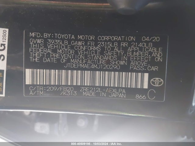 Toyota COROLLA LE 2021 JTDEPMAE4MJ120290 Image 9