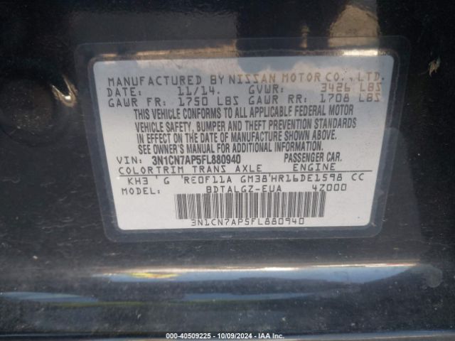3N1CN7AP5FL880940 Nissan Versa 1.6 Sl
