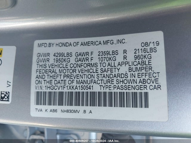 Honda ACCORD LX 2019 1HGCV1F1XKA150541 Image 9
