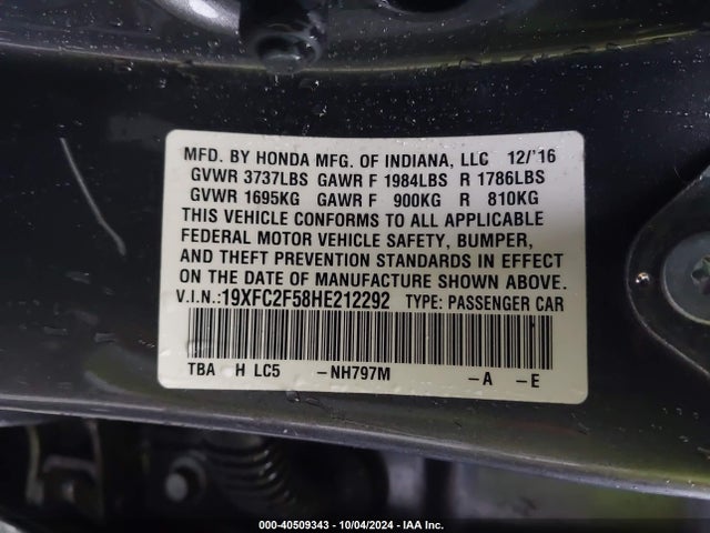 Honda Civic Lx 2017 19XFC2F58HE212292 Image 9