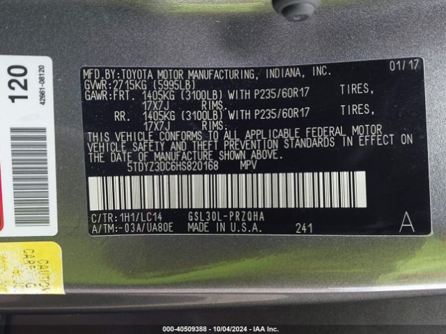 5TDYZ3DC6HS820168 Toyota Sienna Xle Premium 8 Passenger