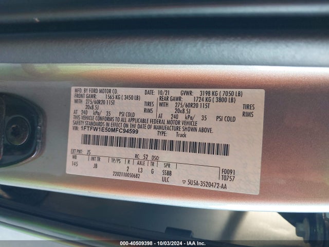 Ford F-150 Xl 2021 1FTFW1E50MFC94599 Image 9
