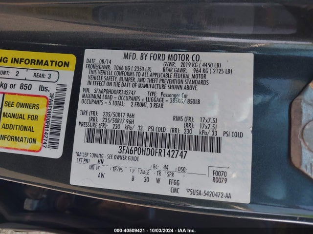 Ford FUSION SE 2015 3FA6P0HD0FR142747 Image 9