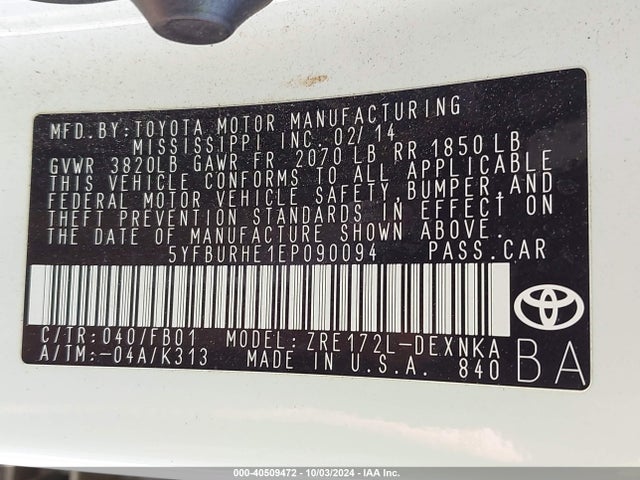 Toyota COROLLA LE 2014 5YFBURHE1EP090094 Image 9