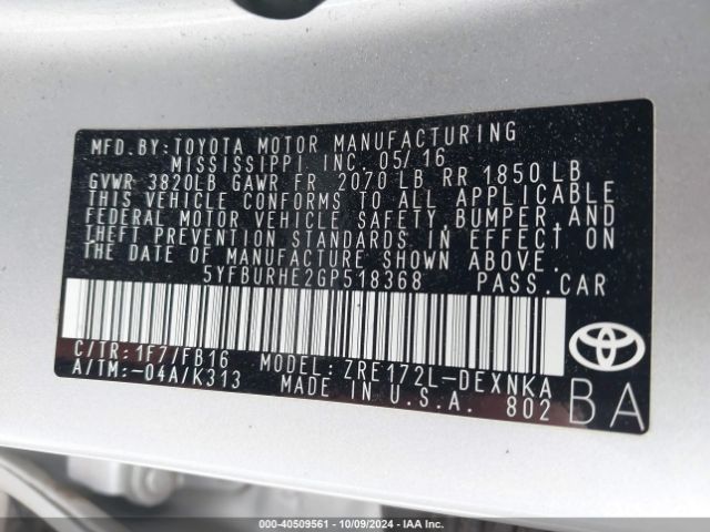 5YFBURHE2GP518368 Toyota COROLLA LE