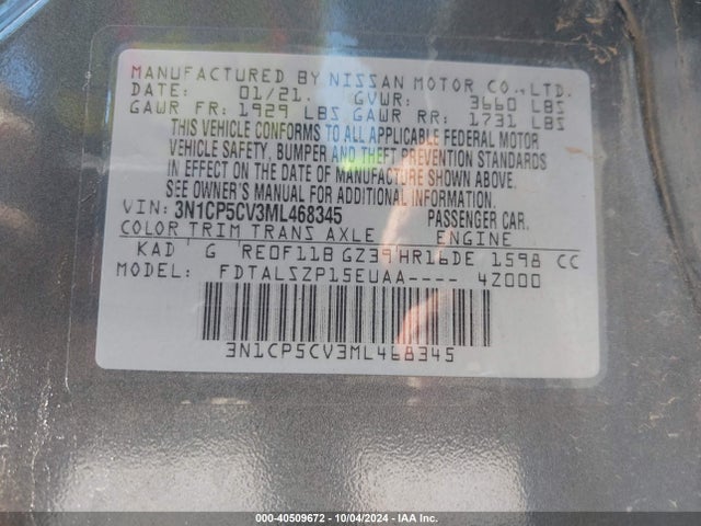 Nissan Kicks Sv Xtronic Cvt 2021 3N1CP5CV3ML468345 Image 9