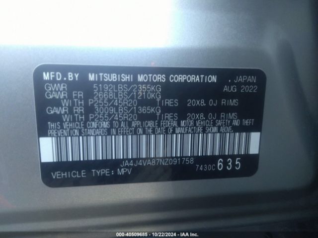 2022 MITSUBISHI OUTLANDER JA4J4VA87NZ091758 Photo 8