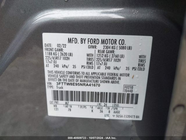 3FTTW8E95NRA41670 Ford Maverick Xlt