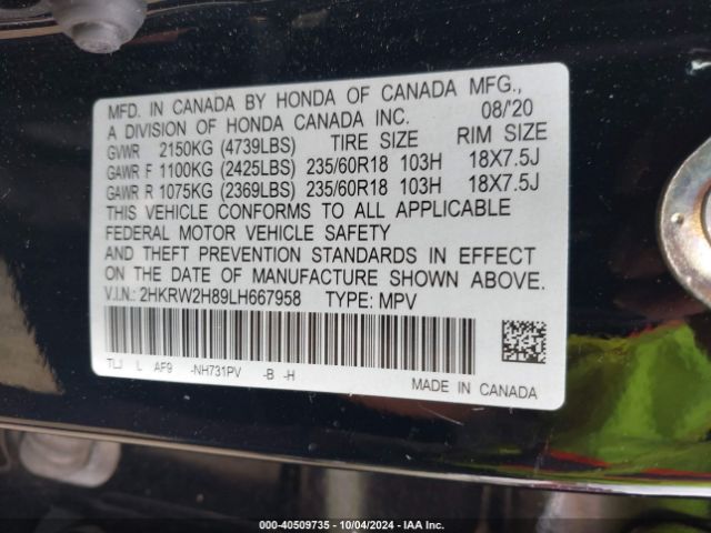 2HKRW2H89LH667958 Honda Cr-v Awd Ex-l
