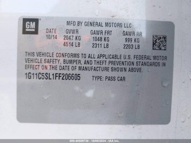 Chevrolet MALIBU 1LT 2015 1G11C5SL1FF206605 Image 9