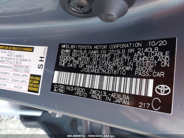 JTDEAMDE7MJ018110 Toyota Corolla Hybrid Le