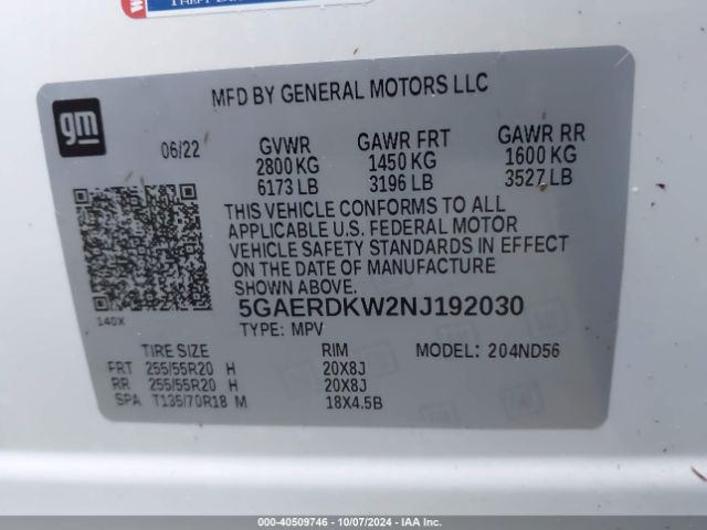 5GAERDKW2NJ192030 Buick Enclave Fwd Avenir