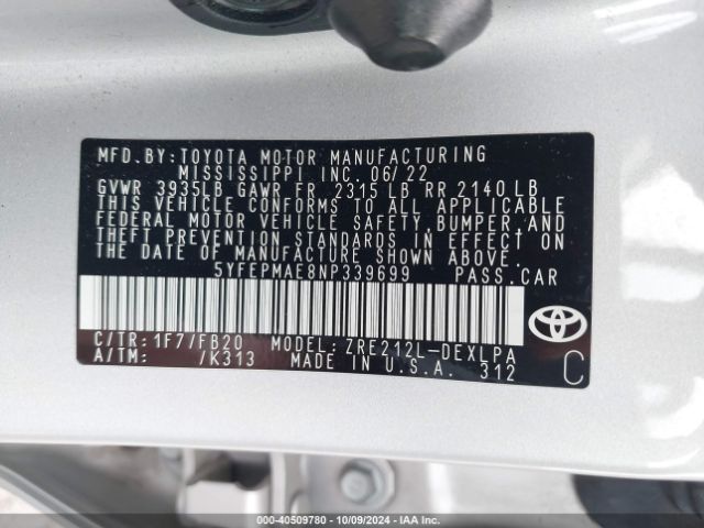 5YFEPMAE8NP339699 Toyota COROLLA LE