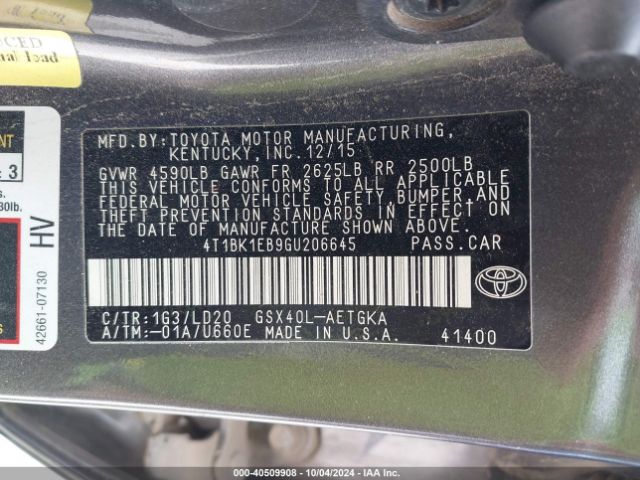 4T1BK1EB9GU206645 Toyota AVALON XLE