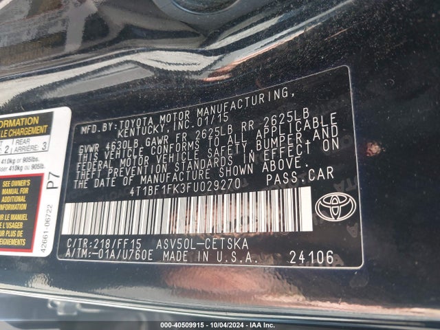 Toyota CAMRY SE 2015 4T1BF1FK3FU029270 Image 9