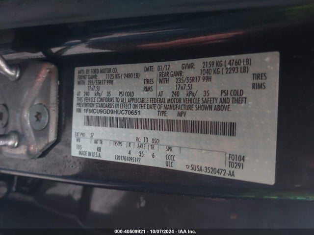 Ford ESCAPE SE 2017 1FMCU9GD9HUC70651 Image 9
