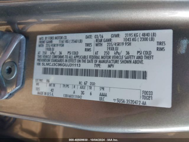5LMCJ3C96GUJ31113 Lincoln Mkc Reserve