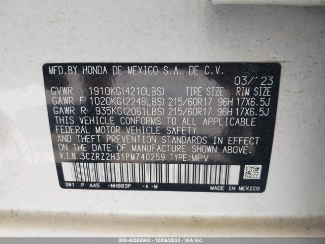 3CZRZ2H31PM740259 Honda Hr-v Awd Lx