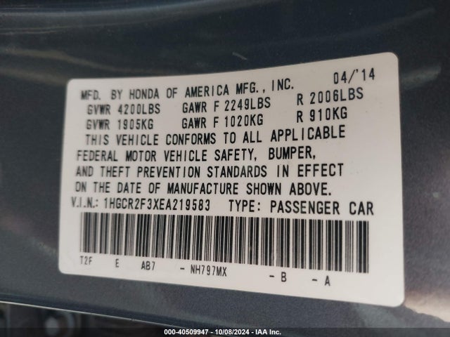 Honda ACCORD LX 2014 1HGCR2F3XEA219583 Image 9