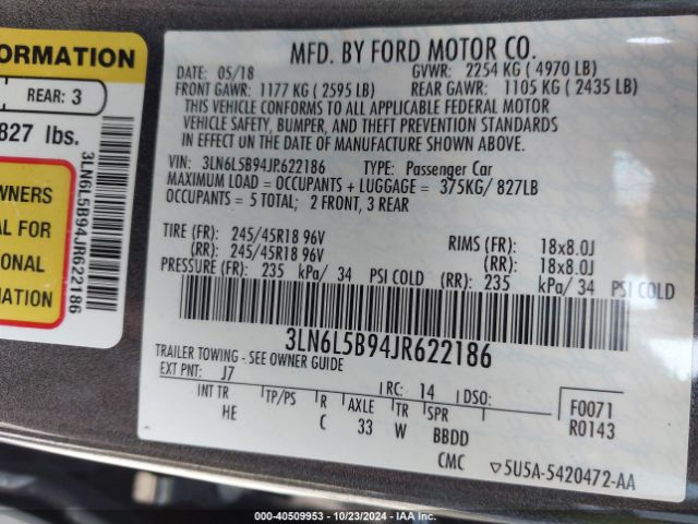 3LN6L5B94JR622186 Lincoln Mkz Premiere