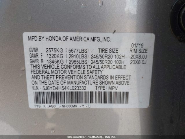 5J8YD4H54KL023332 Acura Mdx Tech Pkg