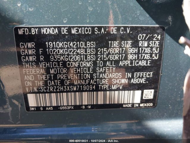 3CZRZ2H3XSM719094 Honda Hr-v Awd Lx