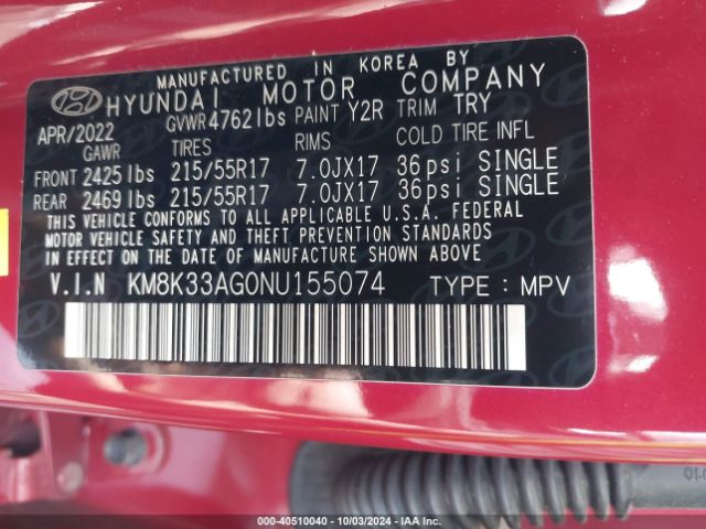 KM8K33AG0NU155074 Hyundai Kona Electric Sel