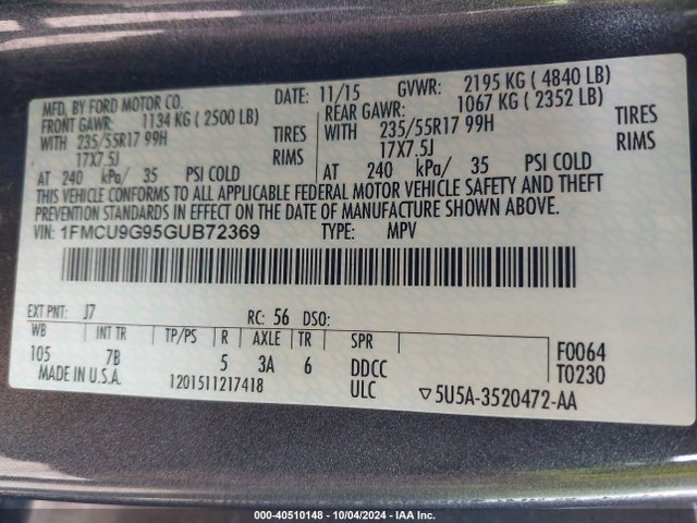 Ford ESCAPE SE 2016 1FMCU9G95GUB72369 Image 9