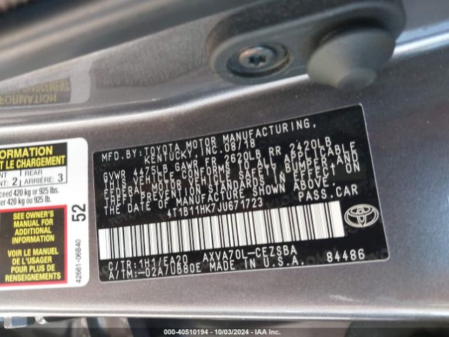 4T1B11HK7JU671723 Toyota CAMRY SE