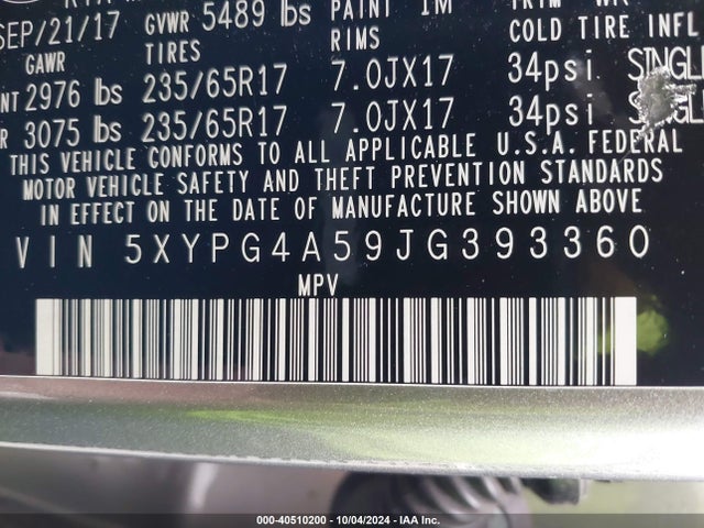 KIA Sorento 3.3l Lx 2018 5XYPG4A59JG393360 Image 9