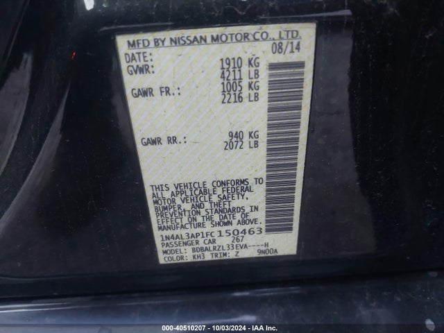 Nissan Altima 2.5 Sl 2015 1N4AL3AP1FC150463 Image 9