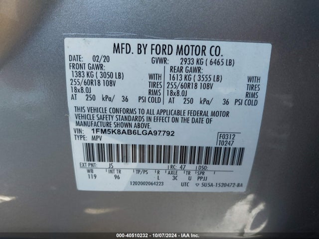 1FM5K8AB6LGA97792 Ford Police Interceptor Utility