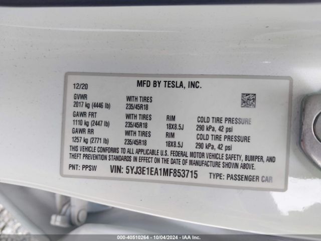 5YJ3E1EA1MF853715 Tesla Model 3 Standard Range Plus Rear-wheel Drive
