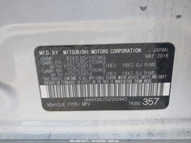 JA4AR3AU7GZ050942 Mitsubishi Outlander Sport 2.0 Es
