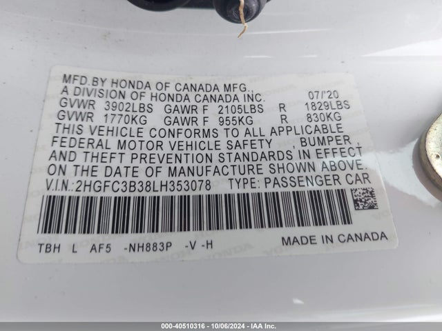 Honda CIVIC EX 2020 2HGFC3B38LH353078 Image 9