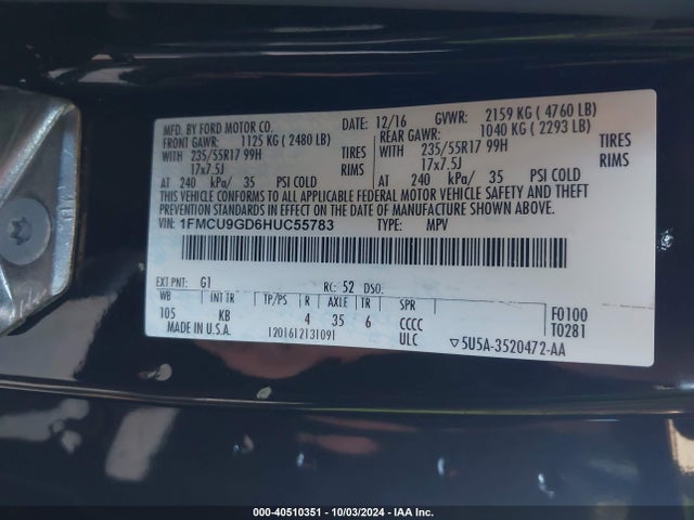 Ford ESCAPE SE 2017 1FMCU9GD6HUC55783 Image 9