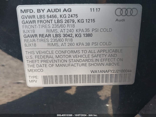 WA1ANAFY2J2100044 Audi Q5 2.0t Premium/2.0t Tech Premium