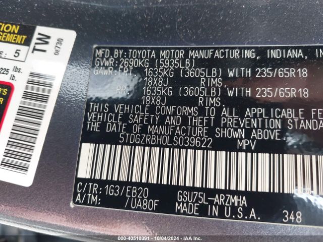 5TDGZRBH0LS039622 Toyota Highlander Xle