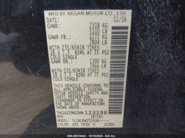 5N1AZ2MG3HN123198 Nissan MURANO SL